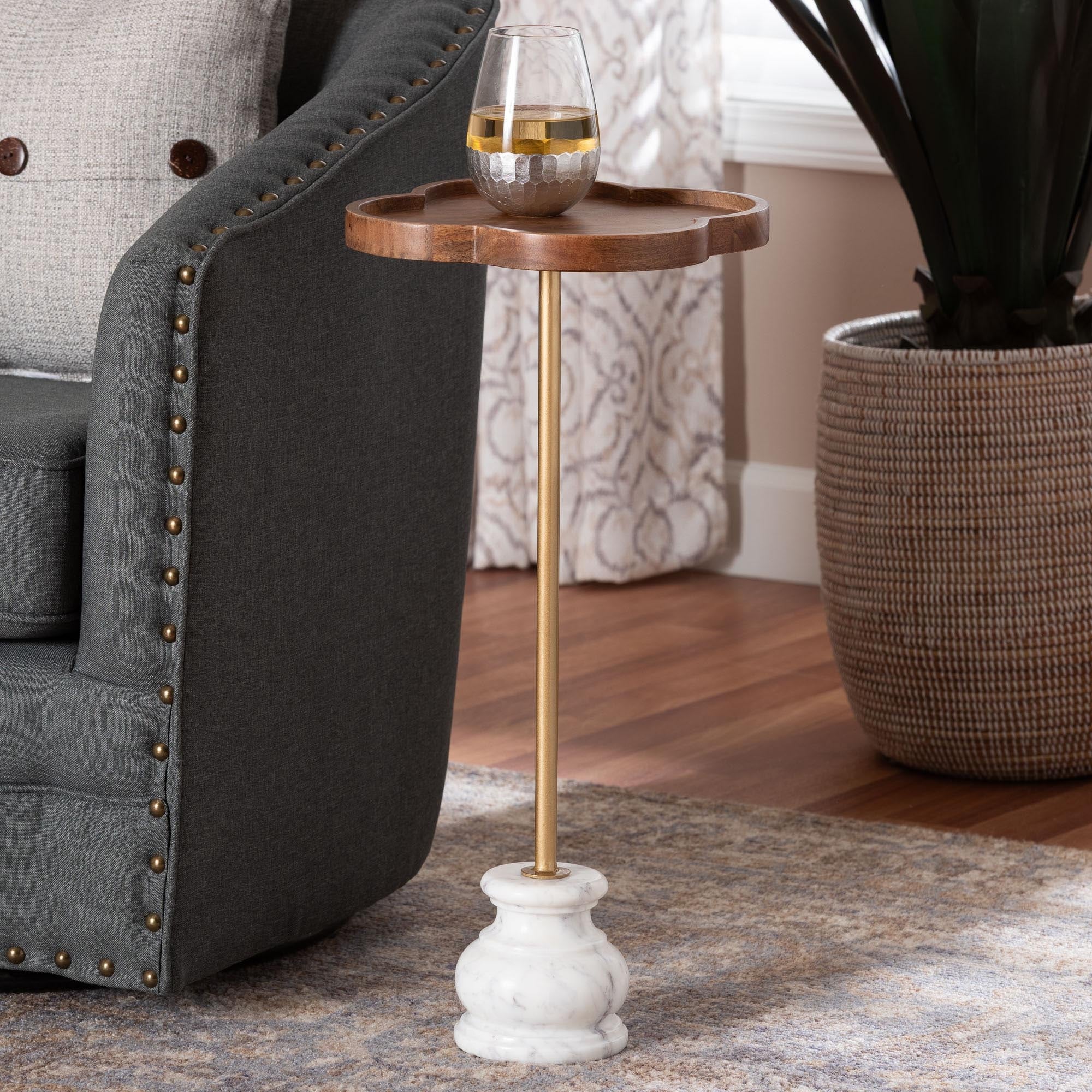 Gezana Drink Table with Marble Base - Compact Pedestal Accent Table with Clover Tray Top for Living Room or Sofa Side