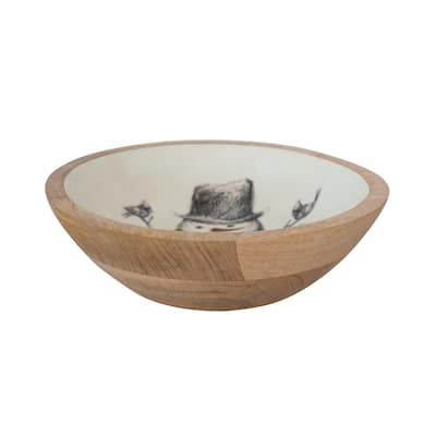 Enameled Mango Wood Bowl with Snowman and Bird Image