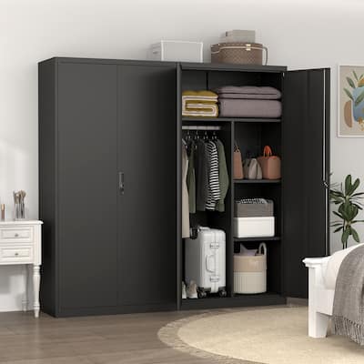 35.4" Modern Metal Armoire with Adjustable Shelves, Hanging Rod and Lock for Bedroom
