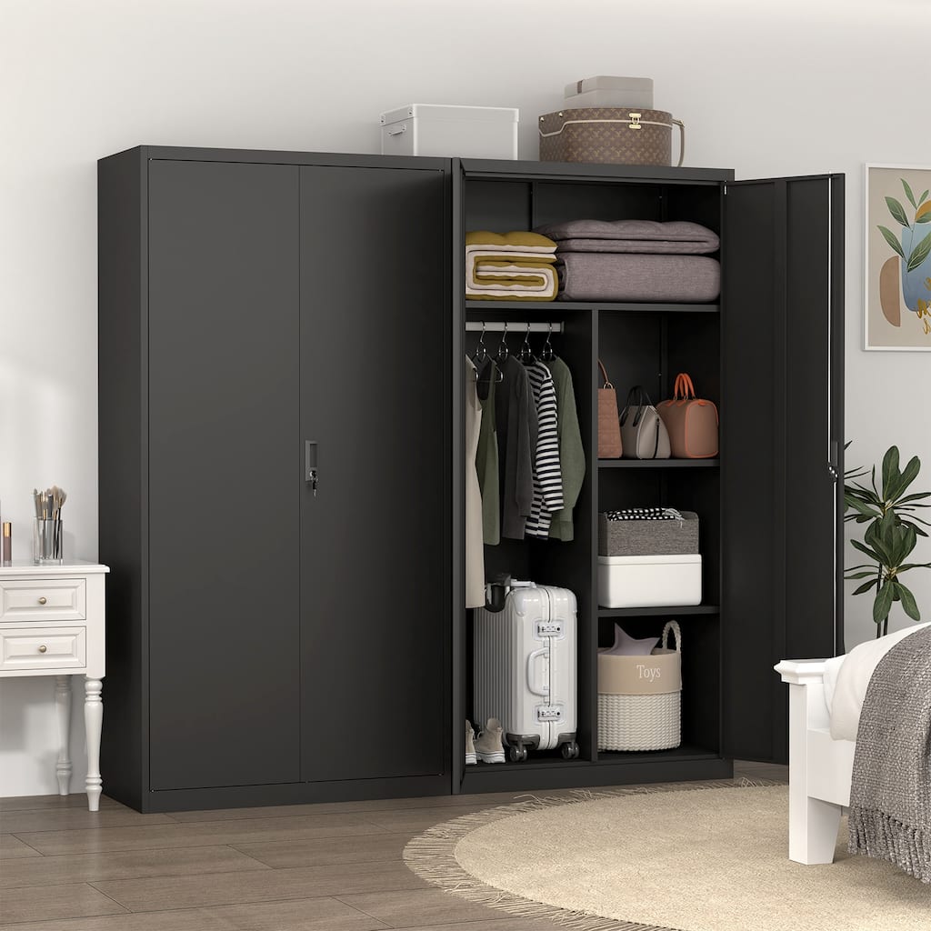 Anmytek Black Lockable Storage Cabinet with Hanging Rod and Adjustable Shelves Secure Wardrobe for Bedroom and Living Room