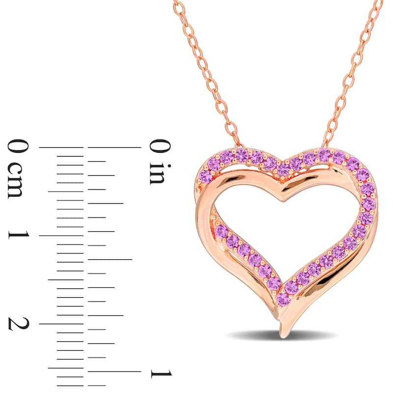 Miadora Created Pink Sapphire Crossover Heart Pendant with Chain in Rose Silver