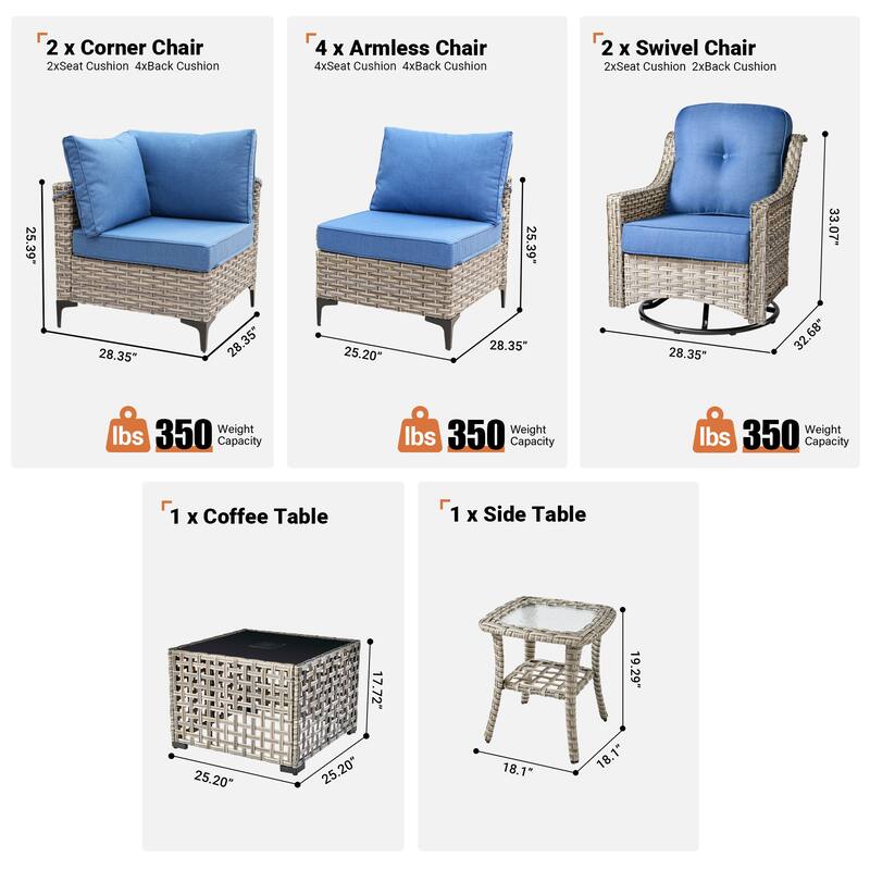 HOOOWOOO 10-piece Wicker Patio Furniture Set Sectional Sofa with Swivel Chair