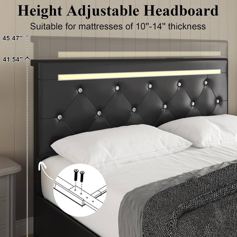 Full Size Bed Frame with LED Light and Storage Drawers, PU Upholstered Bed Frame with Adjustable Headboard, Charging Station