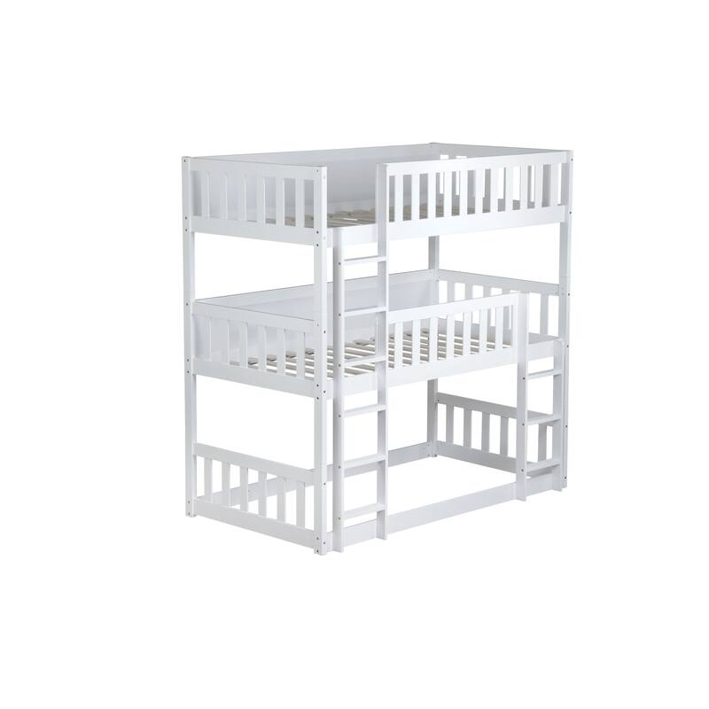 Roomfitters Twin Triple Bunk Bed, Rubber Wood Detachable Design with Ladders and Guardrails, Twin over Twin over Twin