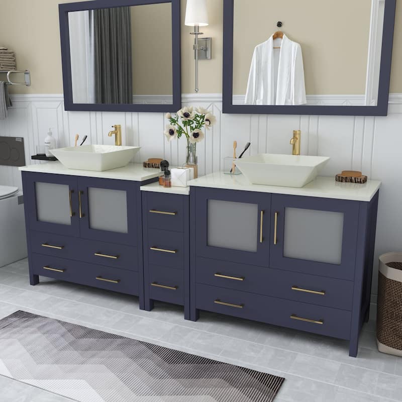 Vanity Art 84" Double Sink Bathroom Vanity Set with Engineered Marble Top and Free Mirrors
