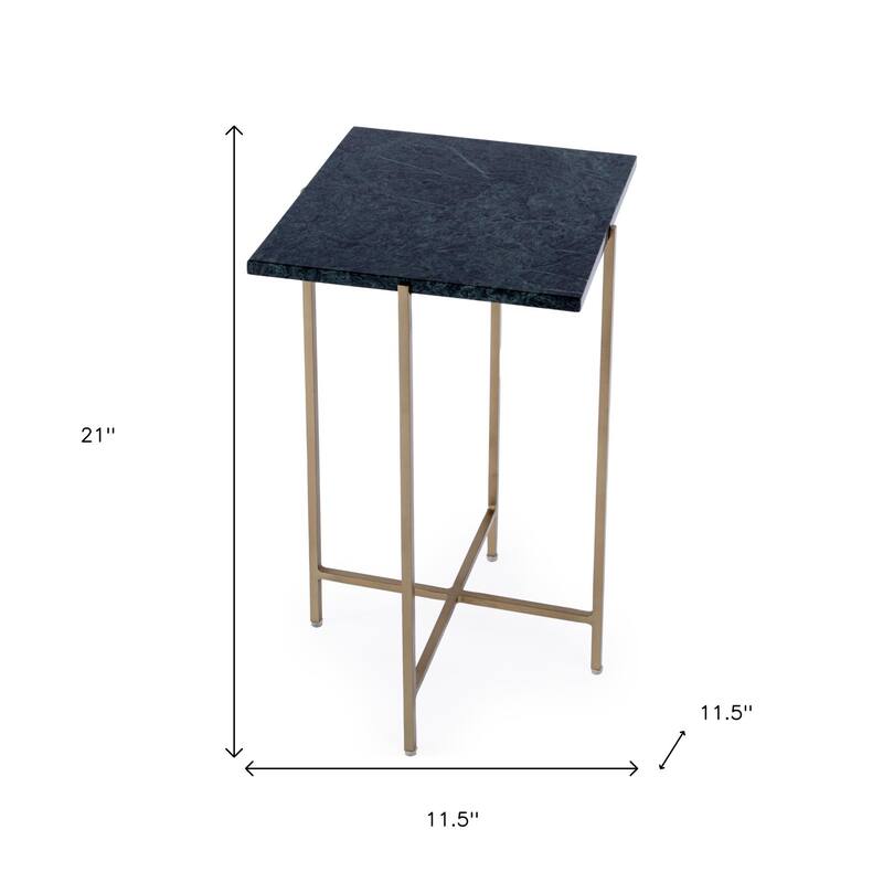 HomeRoots 21" Green and Gold Marble and Iron Drink Size Square End Table - 11.50 in. x 21.00 in. x 11.50 in.