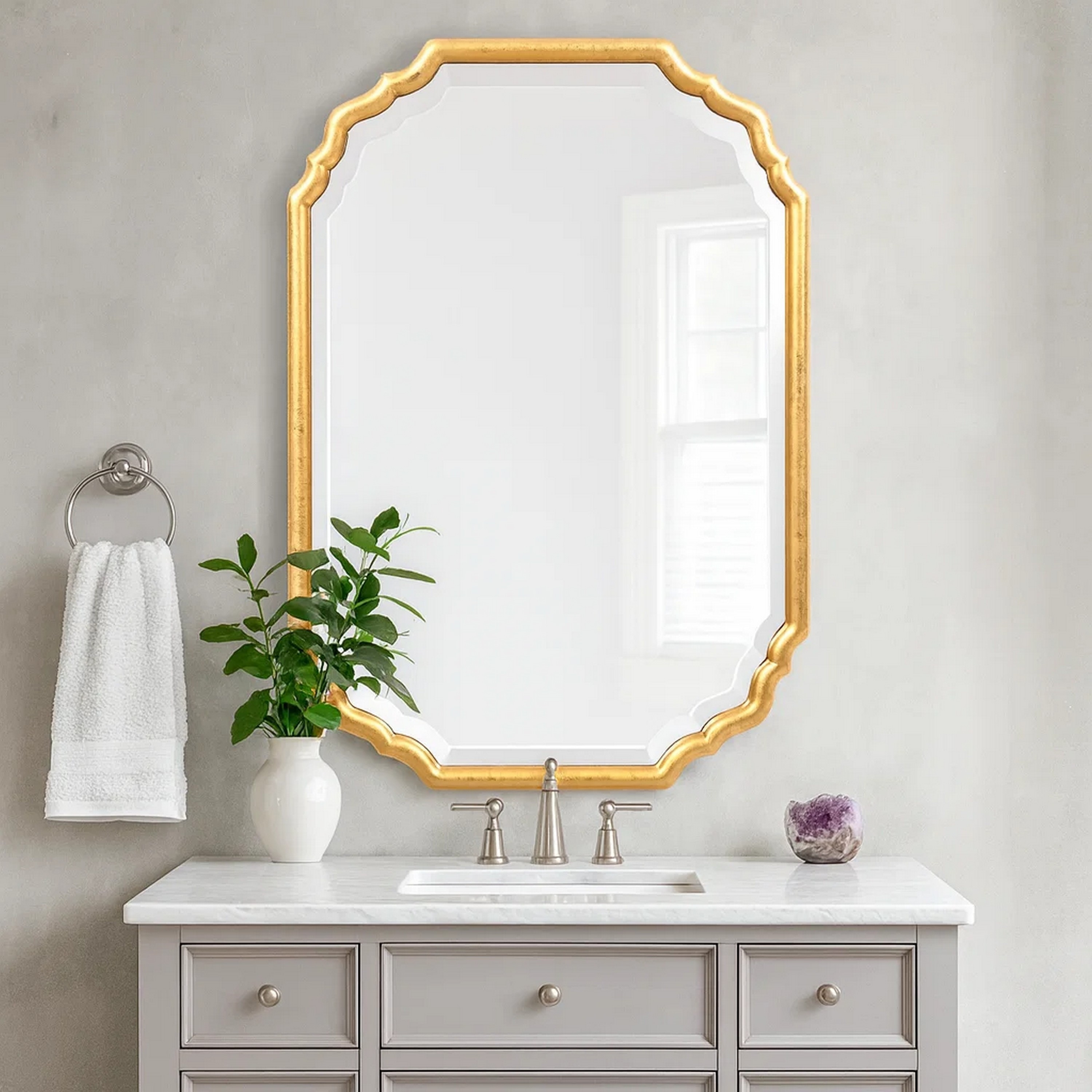 32 Inches Curved Design Wooden Vanity Mirror, Gold