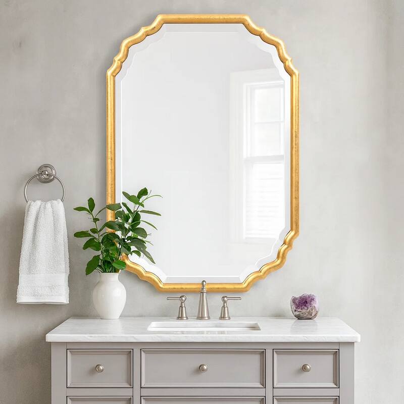 32 Inches Curved Design Wooden Vanity Mirror, Gold