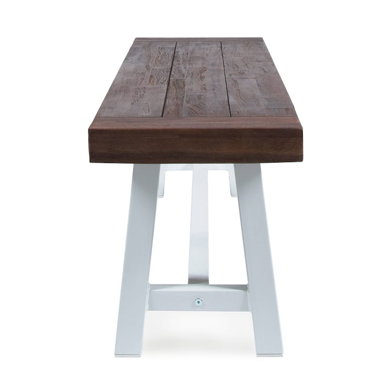Roomfitters Modern Outdoor Benches with Sandblasted Brown Wood Top and Rustic Metal Legs, Stylish for Garden, Set of 2