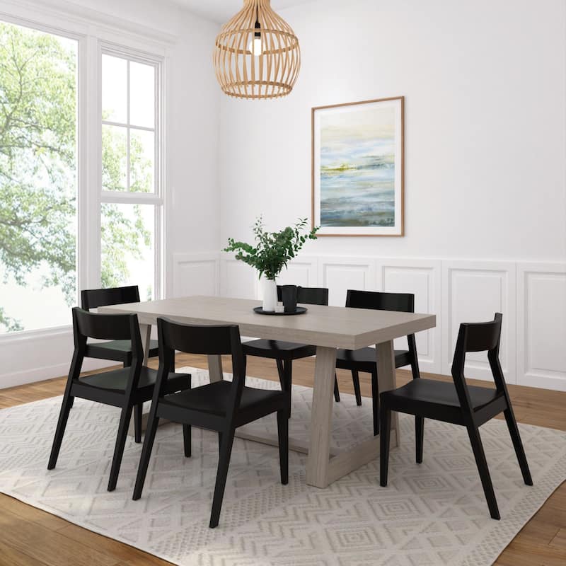 Plank and Beam 72" Classic Solid Wood Table and Chairs Dining Set - Seashell Wirebrush/Black