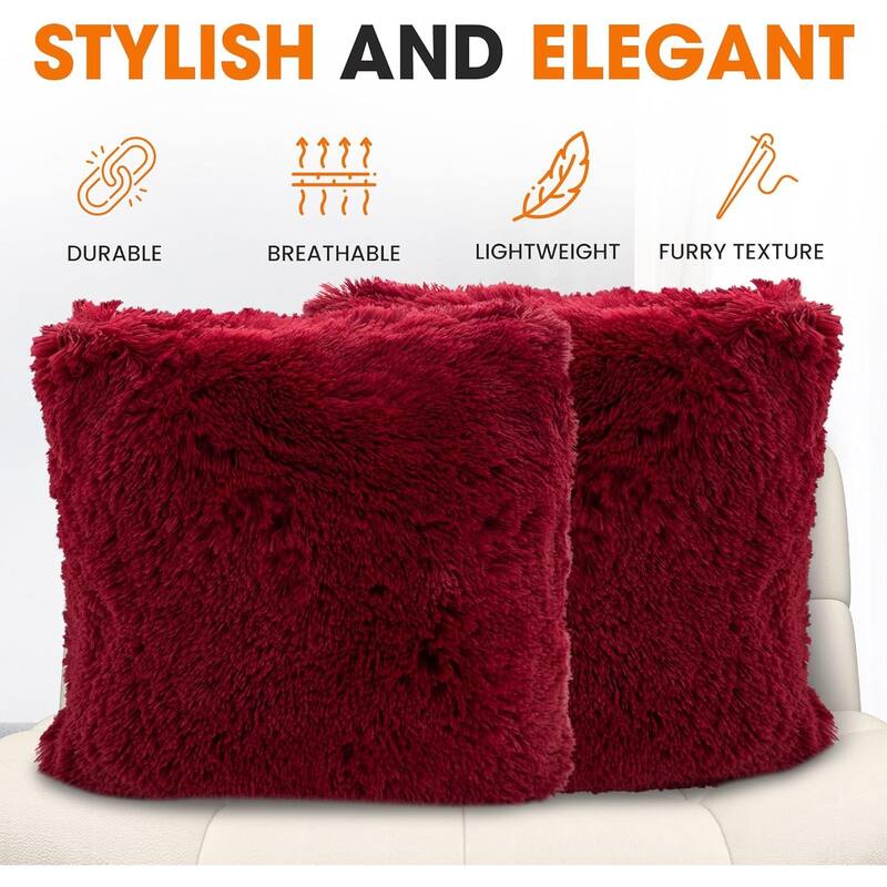 Cheer Collection Super Soft Shaggy Long Hair Throw Pillows Set of 2 Plush Accent Cushions