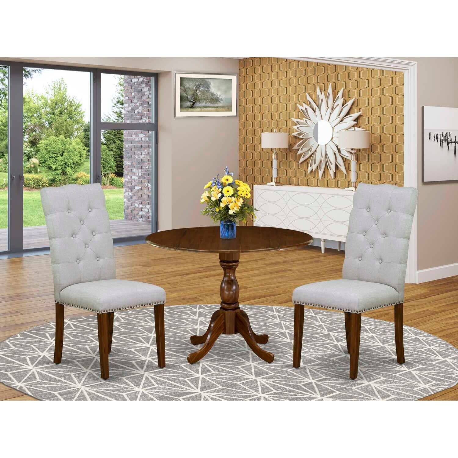 3-Piece Acacia Walnut Finish Solid Wood Top Button Tufted Dining Room Set (Seats-4)