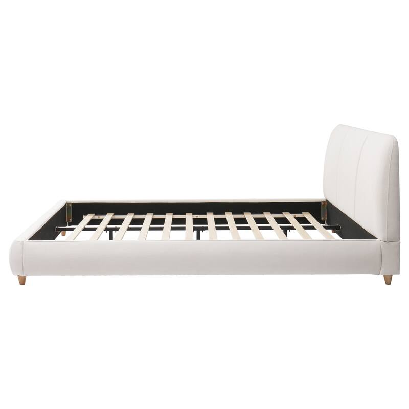 King Modern Upholstered Bed Frame, Linen Fabric, Solid Wood Legs, Elegant White