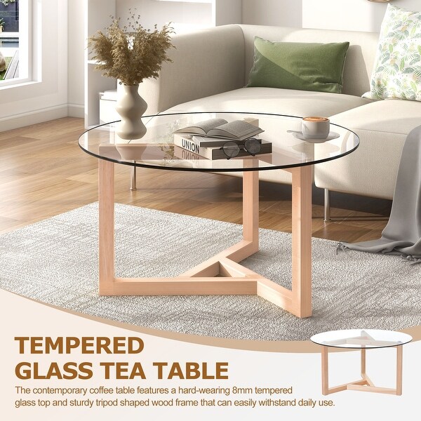 EOVTK Round Coffee Table Modern CocktailTable with Tempered Glass Top and Sturdy Wood Base Natural