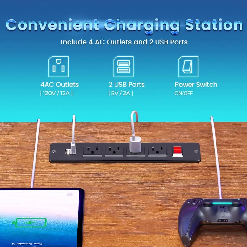 55" Standing Gaming Desk Long Computer Desk Power Strip Keyboard Tray