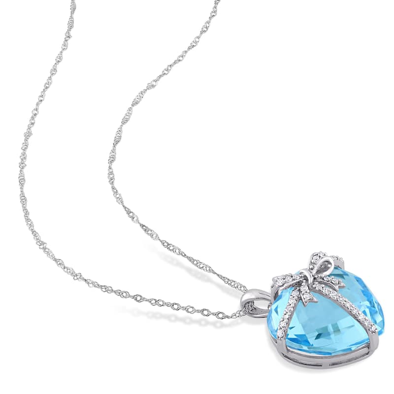 Miadora 14 1/2ct TGW Heart-cut Blue Topaz and 1/8ct TDW Diamond Bow Necklace in 10k White Gold
