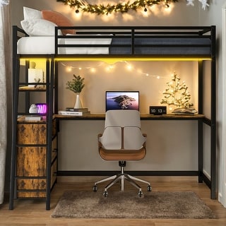 Twin Loft Bed with Desk, Drawers, and LED Lights,Kids Bed Design