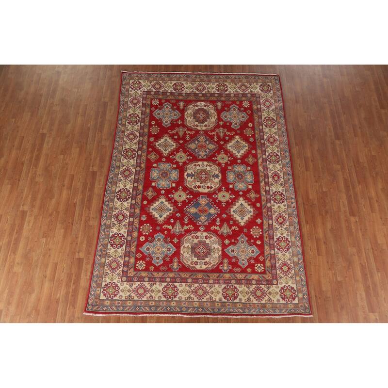 Hand Knotted Oriental 100% Wool Carpet Traditional Geometric Red Kazak Area Rug - 10' 0'' X 6' 11''