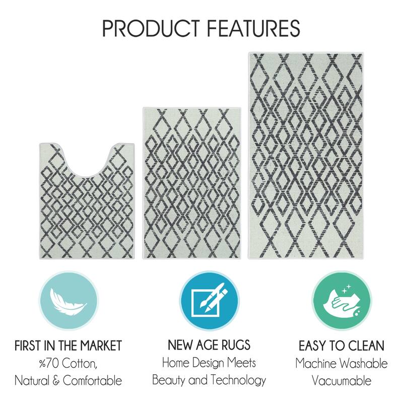 Geometric Design 3 Piece Bathroom Rugs Set - Non-Slip Ultra Thin Bath Rugs for Bathroom Floor - Washable Bathroom Mats Set