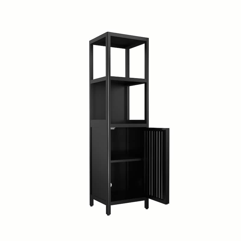 Bamboo Storage Cabinet with Doors and Open Shelves, Narrow Freestanding Tower Cabinet Accent Cabinet
