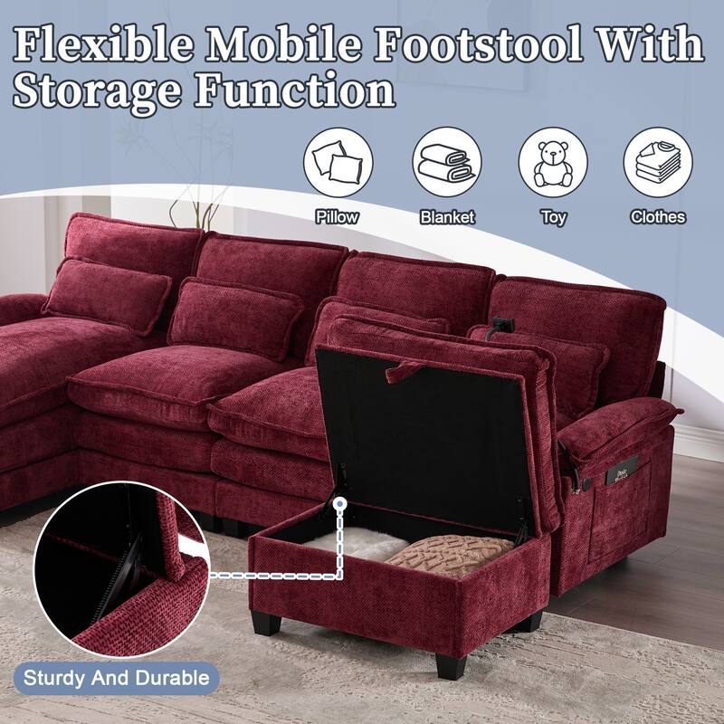 Chenille U-shape Sectional Sofa with Chaise and Storage Ottoman, Modular Couch with USB/Type-C Ports, Side Pockets, Phone Holder