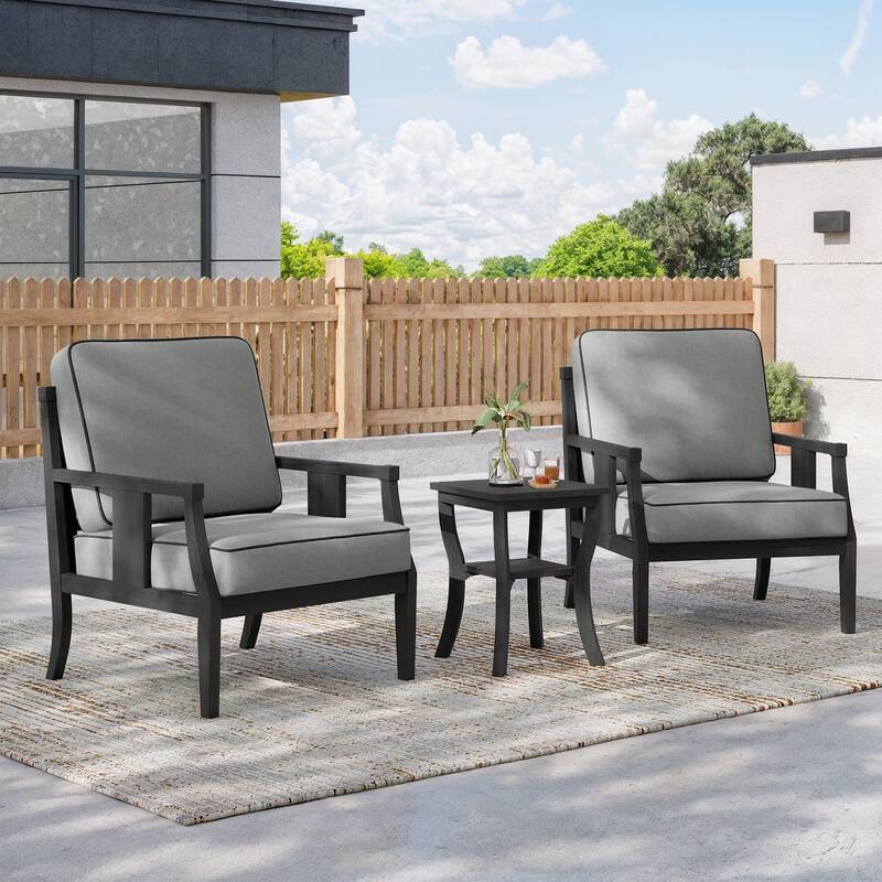 3-Piece Solid Teak Outdoor Patio Furniture Set Armchairs & Storage Table - Blackframe-Grey - Black Frame