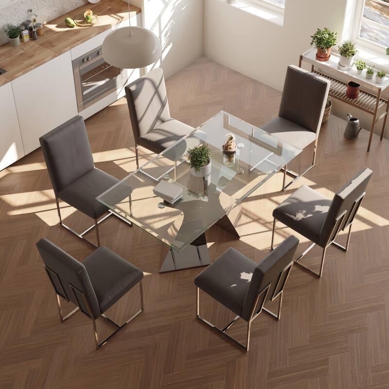 Luxury Gold Dining Table Set with 63 inch Glass Dining Table and White Leather Dining Chairs
