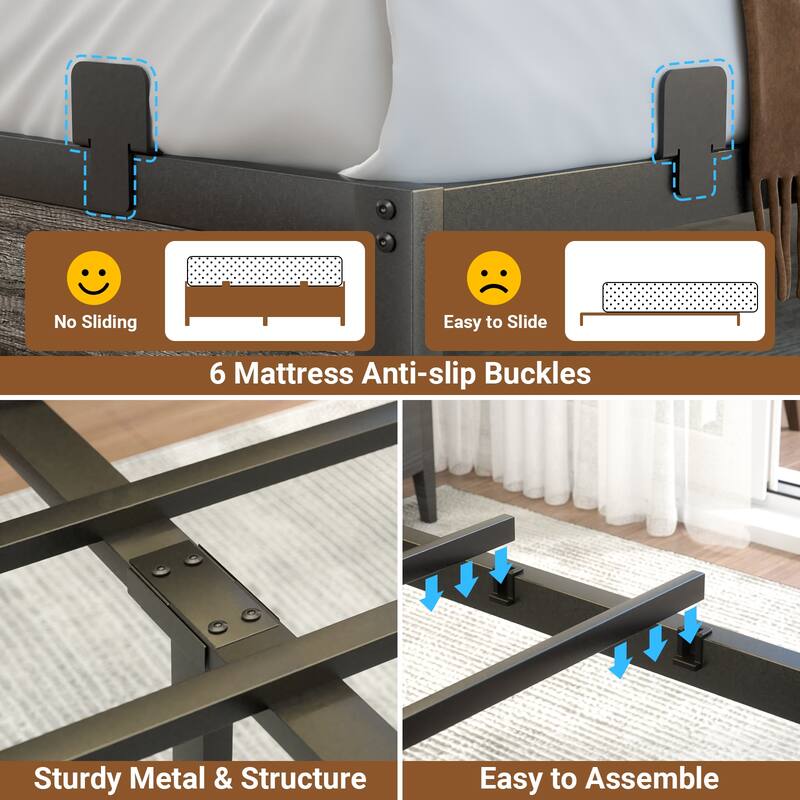 Platform Bed Frame with Sliding Doors Storage Headboard, Beds with Charging Station and LED Light