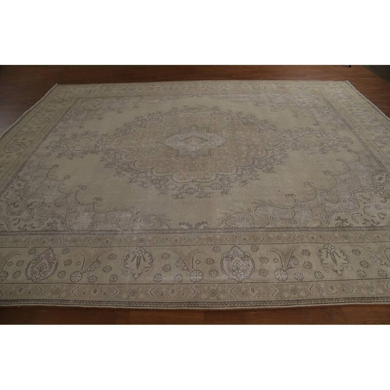 Traditional Beige Tabriz Persian Vintage Rug Handmade Wool Carpet - 9'7" x 12'6"