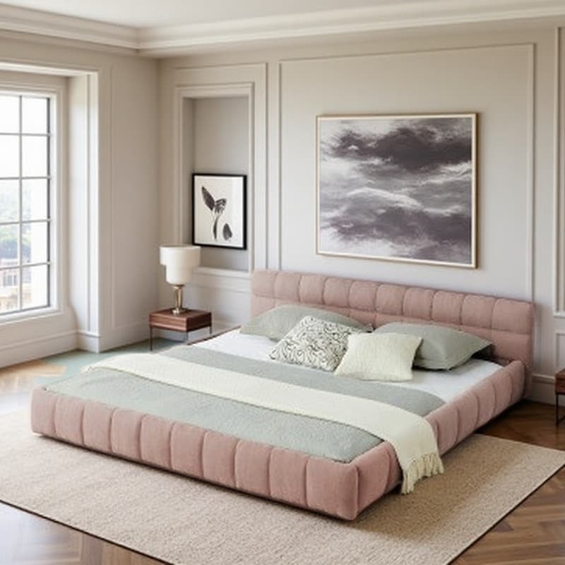King Upholstered Platform Bed with Thick Chenille Fabric, Soft Headboard & Grounded Modern Design