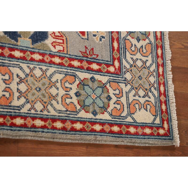 Kazak Oriental Accent Rug Handmade Gray Geometric Wool Carpet - 3'7"x 4'10"