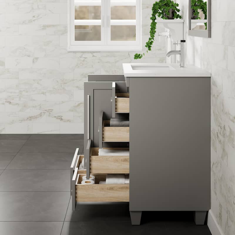 Eviva Loon 30"W x 22"D Gray Bathroom Vanity with White Carrara Quartz Vanity Top and Rectangular Undermount Sink