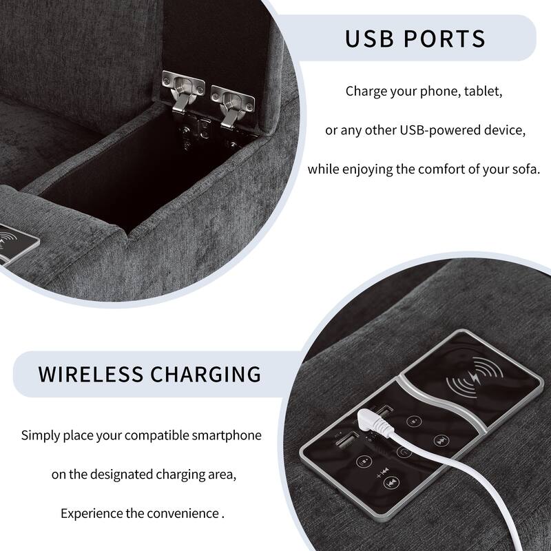 Upholstered Modular Sofa with Storage Space and USB Charge Ports, Sectional sofa Recliner Sofa with Wireless Charging