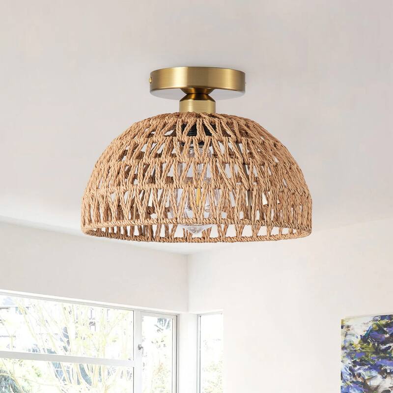 Handmade Woven Paper Rope Dome Boho Semi Flush Mount Ceiling Light - Gold