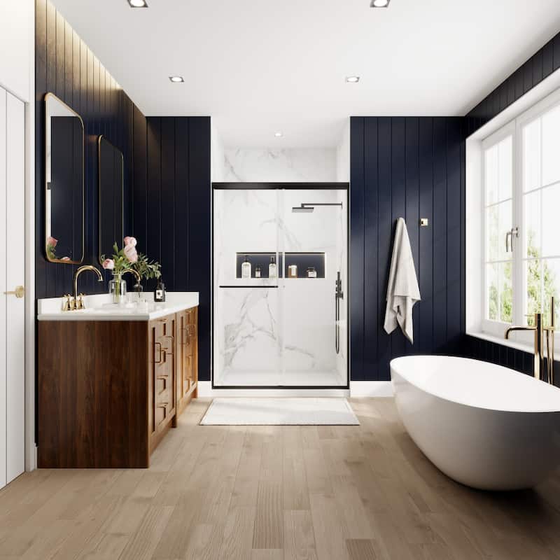 Modland 44''- 48'' W x 72'' H Glass Semi-Frameless Double Sliding Shower Tub Door in Matte Black / Brushed Nickel