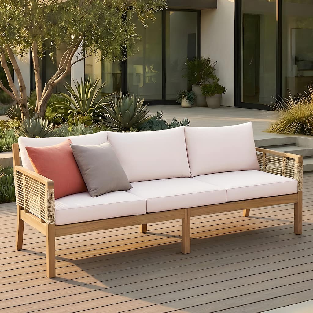 Roomfitters 3-Seater Outdoor Patio Sofa, Modern Wood Couch with Upholstered Cushions and Horizontal Rope Weave, Teak+ Beige