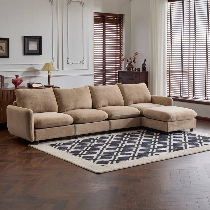 L Shaped Modular Sectional Sofa with Ottoman, Oversize Velvet Upholstered Sofa, 5 Seat Sofa with Removable Cushions