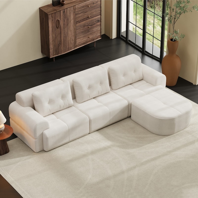 110.23" L-Shaped Chenille Sectional Sofa with Movable Ottoman - Beige