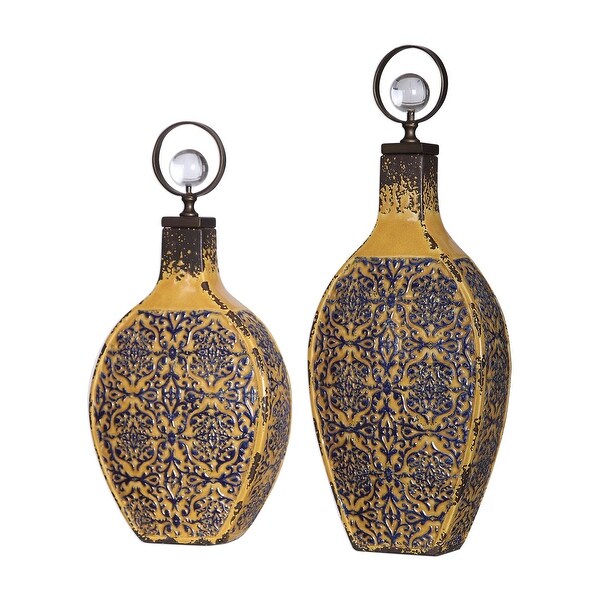 Set of 2 Katelyn Mustard and Blue Ceramic Vessels with Bronze Finials 19" - N/A