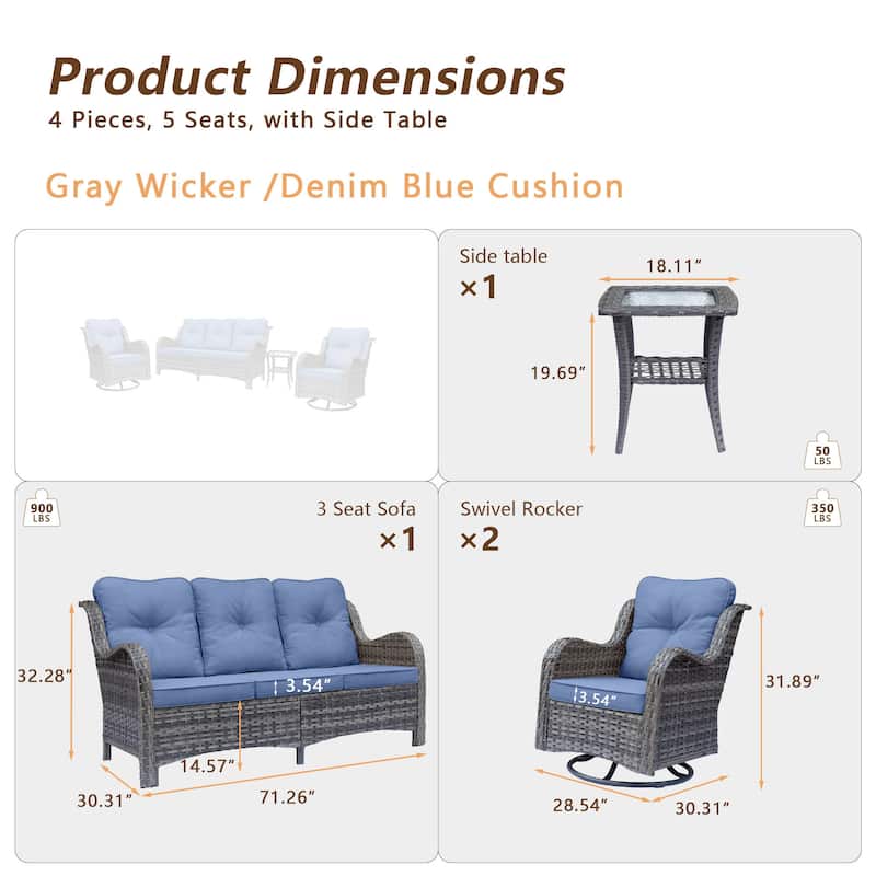 High Back 4-Piece Outdoor Wicker Patio Furniture Seating Sofa Set with Swivel Chairs