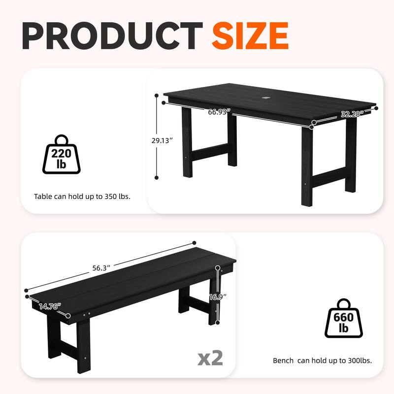 3-Piece HDPE Outdoor Dining Set with Umbrella Hole Table and Two 2-Person Benches