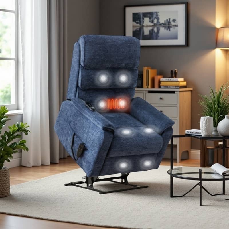 Dual Motor Power Lift Recliner Chair, with Heat & Massage, 350lbs Capacity, Infinite Position, Power-Remote, Side Pockets - Blue