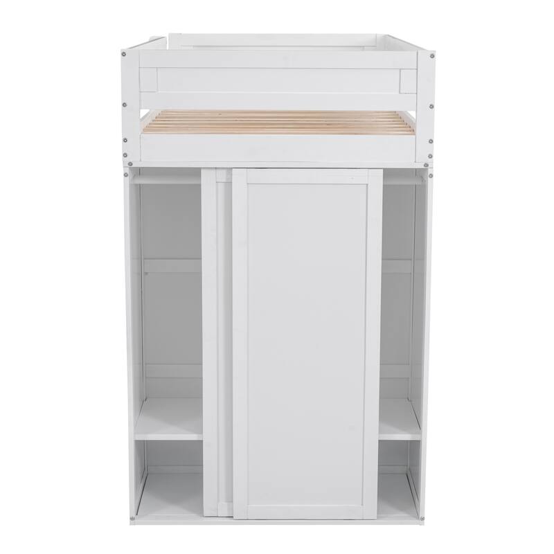 Wooden Twin Loft Bed with Built-in Desk, Wardrobe, and Storage
