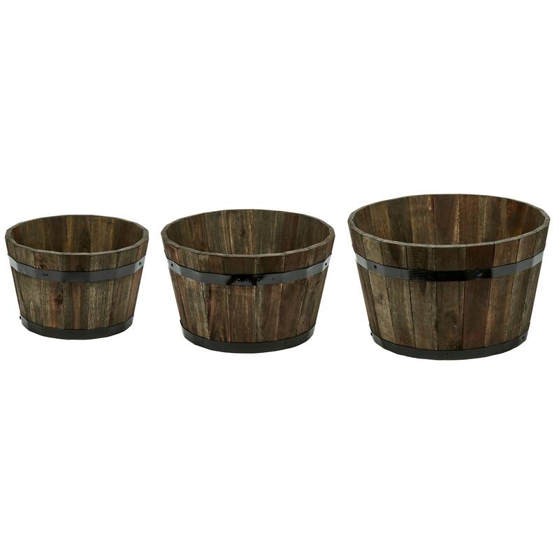 Nested Wood Barrel Planters with Brown Oil, Set of 3 - 11