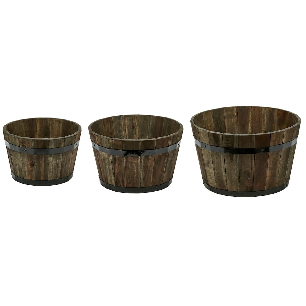 Nested Wood Barrel Planters with Brown Oil, Set of 3 - 11