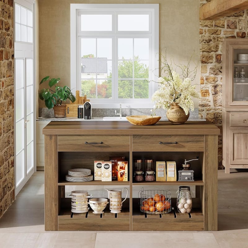 55" Wooden Farmhouse Kitchen Island Bar Table with Drawers and Shelf - 55.12" W x 27.5" D x 35.43" H