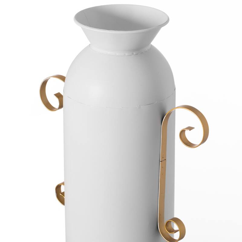 19.25 in Tall Decorative White Metal Floor Vase With 2 Gold Handles - Elegant Handcrafted Chic Vessel for Home Decor