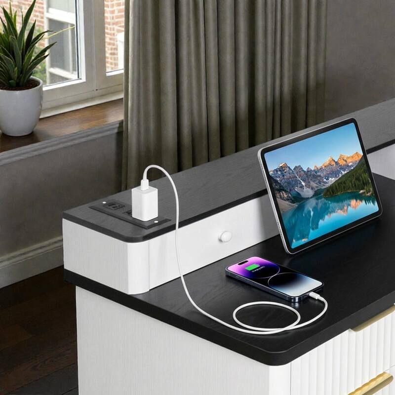 59 Inch Modern L Shaped Desk with Charging Station, Computer Desk with Storage Cabinet File Drawer and Monitor Stand