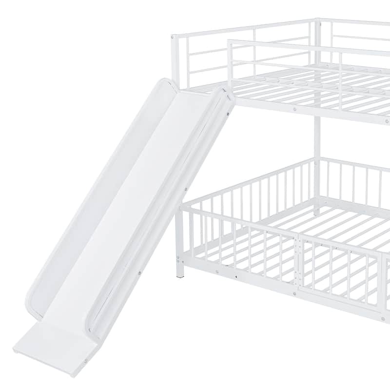 White Full over Full Size Metal Bunk Bed with Slide and Guardrails for Kids, Boys and Girls, Bedroom