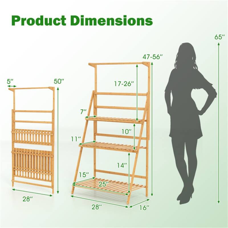 Natural Wicker Plant Stand with 3-Tier Ladder Shelves and Adjustable Hanging Rod for Indoor Plants - 28" x 16" x 47-56"
